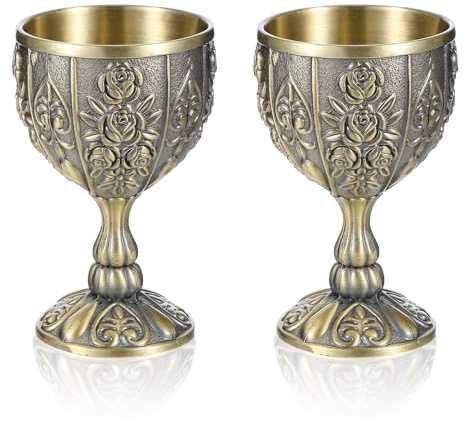 Tobeelec 2 Pcs 100 ML Handmade Goblet Chalice, Vintage Engraving Wine Liqueur Cup, Vintage Chalice Medieval Goblet Wine Glass Cups, Sturdy Drinking Vessel Glasses for Weddings Home Decor Blessings