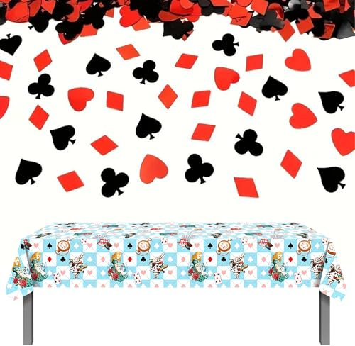 Alice nel paese delle meraviglie – 130 x 220 cm, tovaglia blu Alice nel paese delle meraviglie con coriandoli da poker, decorazioni per feste del tè del Cappellaio Matto, tovaglia da tè pomeridiana