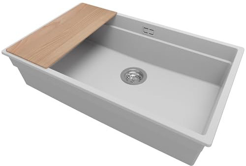 PRIMAGRAN Lavello da Cucina Grigio 76x47cm, Lavandino in Granito a 1 vasca + Sifone Classico + Tagliere, Lavabo Incasso al mobile 80cm - Prague Slim S420
