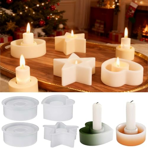 4 Stück Silikonform Kerzenhalter,Kerzen Formen Stern,Gießform Kerzenhalter,Silikonform gießformen Weihnachten,gießformen Silikon Stabkerze silikonform Runder Stern Herz für DIY Kerzenständer Kunst