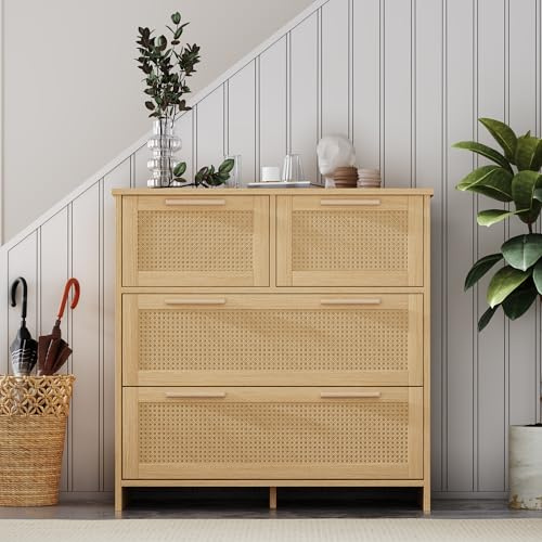 Merax Rattan Sideboard Kommode mit 4 Schubladen, Sideboard Holz Küchenschrank Buffet mit Massivholzgriffen, für Küche, Esszimmer, Wohnzimmer, Flur, Eiche/80x38x80cm