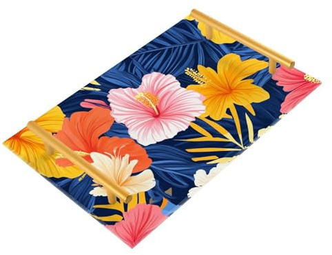 Bandejas rectangulares decorativas coloridas de flores tropicales con asas para servir joyas, perfumes para bebidas, servir charolas para servir comida