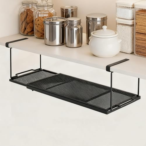 aleawol Extendable Under Shelf Storage Basket, Adjustable Range 38~70cm | Metal Hanging Storage Basket, Under Cabinet Shelf for Kitchen Office Pantry Bathroom, Black