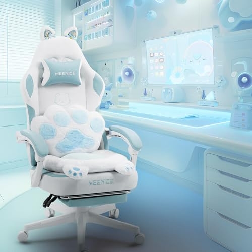 MEENICE Cute Katze Gaming Stuhl Stoff mit Katzenpfote Lendenkissen und Katzenohren, Gaming Stuhl mit Fußstütze Ergonomischer Pc Stuhl für Kinder Erwachsener Mädchen, 140kg Belastbarkeitfür, Blau Weiß