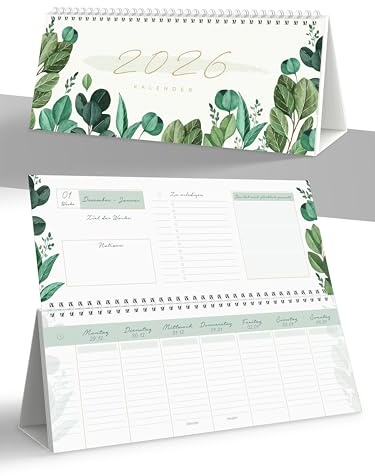 UNITURE® - Ranken Design Tischkalender 2026 quer Wochenkalender 2026, 1 Woche 2 Seiten als Querkalender 2026 Monatskalender - Kalender 2026 Planer mit Monatsansicht Stehkalender