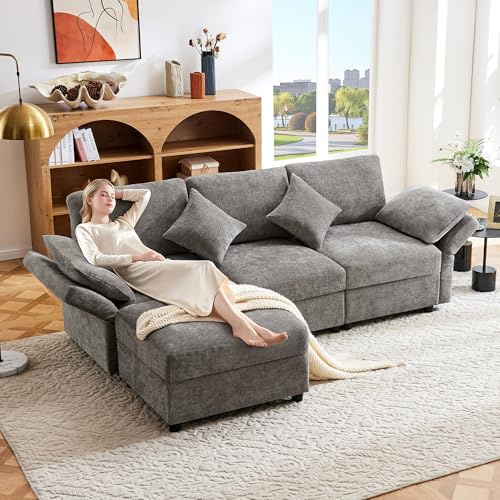 Bladez Sofá cama convertible en forma de L con reposapiés, sofá cama convertible de 3 plazas, 4 almohadas, reposabrazos ajustables, tela de chenilla, adecuado para sala de estar, moderno (gris)