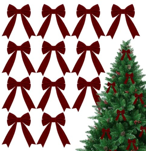 Weinrot Schleifen Samt Weihnachten Deko,12 Stück Weihnachtsbaum Bögen | Mit Spiralband, Für Party Dekoration Weihnachtsbaumschmuck Girlande Haustür