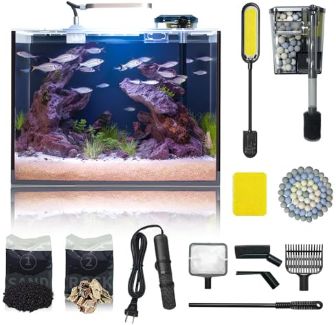 Aquarium 24 Liter Komplettset Glas 20x30x40, Kleines Fischbecken-Starterset mit Heizer Wasserpumpe Filtersystem LED-Beleuchtung Kies Steinen und Reinigungswerkzeug, klares für Betta-Fische Pflanzen