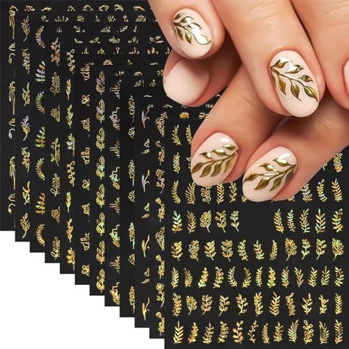 Aribliseza Nagelsticker, 12 Stück Gold Leaf Nail Stickers, 3D Selbstklebende Nagelaufkleber, Herbst Ahornblatt Nagelkunst Sticker, Glitzer Design für Frauen, Herbst Maniküre Zubehör