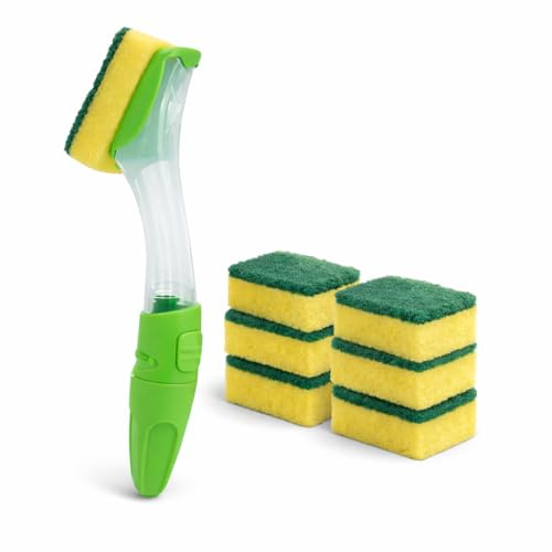 Kitchen Cleaning Sponge Heavy Duty Fillable Washing Up Brush with Sponge Dishwashing Soap Dispensing Dish Brush with Ergonomic Handle Elbow Grease Refillable Dish Cleaning Brush with 6 Refills Sponges