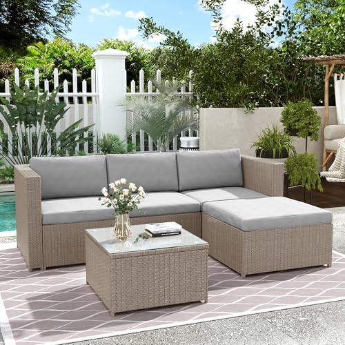 Mrwoo Gartenmöbel-Set, Polyrattan Lounge-Sofagarnitur mit Ecksofa, Lounge-Tisch mit Glasplatte, Alle Sitz- und Rückenkissen (Khaki)