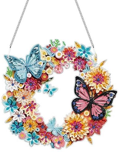 Zamety Diamantmålning fjäril blomma hänge med kedja | Diamantmålning vuxen hängande, 5D diamantmålning diamantkonst hänge för trädgård hem dörr och fönsterdekoration
