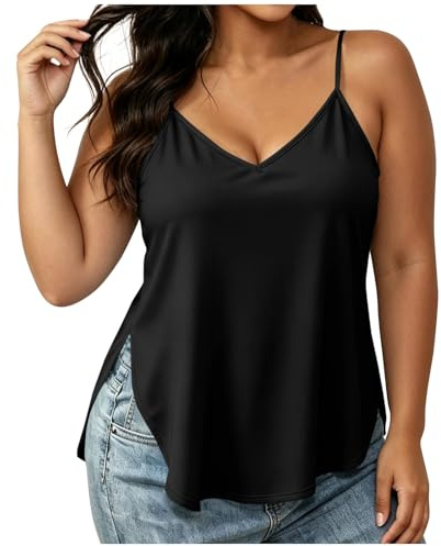 Camiseta de tirantes finos para mujer, cuello de pico, con tirantes ajustables, tallas grandes, camisola de verano, informal, sin mangas, camiseta holgada, con abertura, Negro , XXL