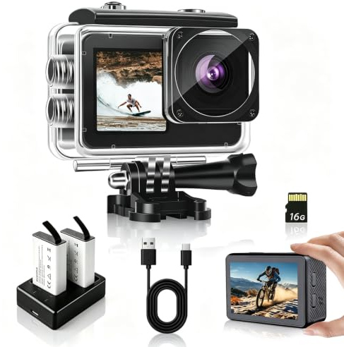 fceoul Caméra Sport 1080P FHD 16MP, Caméra d'action avec Double Écran 2 et 1.3, Caméra Étanche 40M pour Vlog et Plongée, avec Carte mémoire, 2 Batteries 1050mAh et Accessoires(Noir)