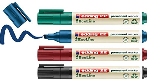 edding 22 EcoLine permanent marker set - black, red, blue, green - 4 pens - chisel nib 1-5 mm - waterproof, quick-drying, smear-proof pens - for cardboard, plastic, glass, wood, metal and fabric