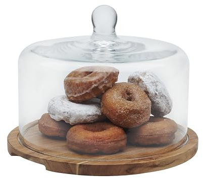 Libbey - Présentoir à gâteaux rond et plat en bois d'acacia avec cloche en verre