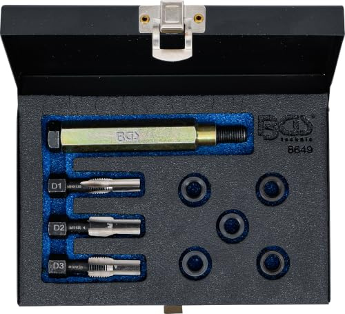 BGS 8649 | Reparatursatz für Glühkerzengewinde | M10 x 1.25 | für Zylinderkopf-Aufnahmegewinde | mit Reibahle, Gewindebohrern, Montagewerkzeugen und 5 Gewindehülsen