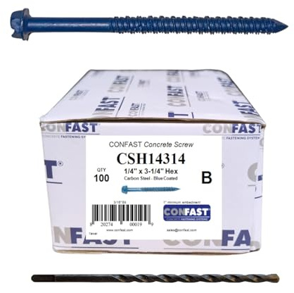CONFAST 1/4 x 3-1/4 Hex Head Concrete Screw Anchor with Drill Bit for Anchoring to Masonry, Block or Brick (100 per Box)
