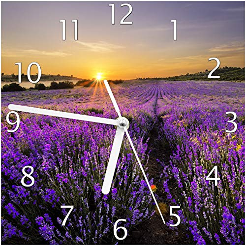 Wallario Design-Wanduhr Sonnenuntergang über dem Lavendel aus Glas, Motiv-Uhr Größe 20 x 20 cm, weiße Zeiger