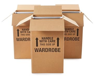 Amazon Basics Sturdy Wardrobe Moving Boxes with Hanger Bar for Packing Clothes, Easy to Assemble, With Handles, 20 x 20 x 34, Brown, 3-Pack