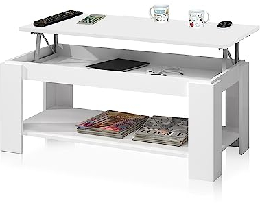 Habitdesign – Mesa de Centro Elevable con Revistero para Salón o Comedor, Mesa de Café con Revistero, Color Blanco Artik, 102x50x43–54 cm - Modelo Ambit