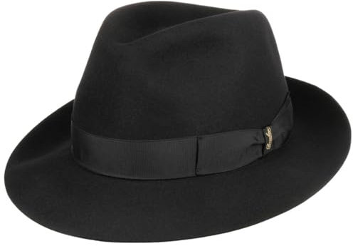 Borsalino 50 Gramm Fedora Herrenhut Haarfilzhut Damen/Herren - Made in Italy Filzhüte Hut mit Ripsband Winter Frühling-Sommer Herbst-Winter - 60 cm schwarz-schwarz