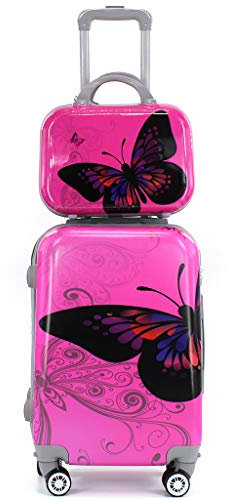 Maleta de Cabina con Neceser Trolley de Viaje Equipaje de Mano 4 Ruedas giratorias 360grados Dibujos Fantasia Paisaje (Mariposa Fucsia)