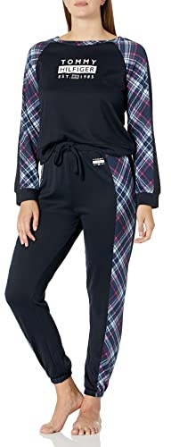 Tommy Hilfiger Hacci Thermal Long Sleeve Top and Jogger Pant Pajama Set Pyjama Damen, Tommy Tartan Logo Plaid, 38