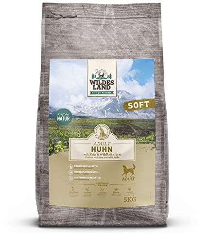 Wildes Land - Halbfeuchtes Trockenfutter für Hunde - Huhn - 5 kg - Soft mit Reis und Wildkräutern - Glutenfrei - Extra viel Fleisch - Für alle Hunderassen - Beste Akzeptanz