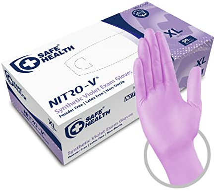 Safe Health Guantes Desechables de examen Nitro-V sintéticos híbridos de Vinilo y Nitrilo Violeta Morado Talla XL, 90 unidades, Tareas del hogar Limpieza