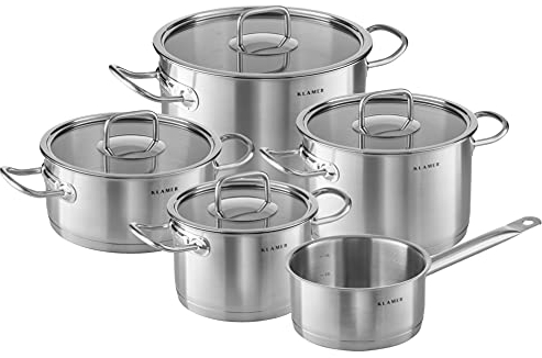 KLAMER Topfset Induktion 5-teilig – Premium Edelstahl Kochtopf Set mit Glasdeckel, unbeschichtet & spülmaschinengeeignet, energiesparend, backofenfest & mit Messskala