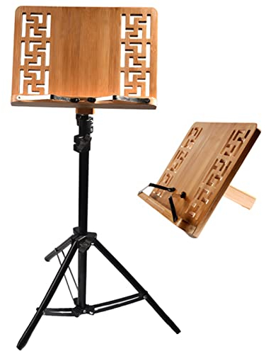 Notenständer LIU- 2 in 1 Dual-Use-Bambus-Noten- Ständer& Desktopbook- Ständer mit Faltbarer tragbarer schwarzer Metall-Stativbasis, höhenverstellbar, mit Tragetasche