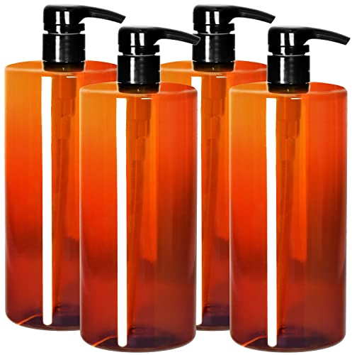 Youngever 4er-Set 1L Pumpflaschen für Shampoo, Mehrweg Kunststoff Pumpspender Seifenspender Dispenser Lotionspender Leerflasche für Flüssige Shampoo Lotionen Küche Bad (Amber)
