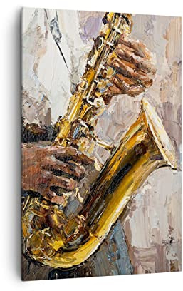 ARTTOR Bilder auf Leinwand 80x120 cm Wandbild Menschen Musik - 4808 | Saxophon Öl Musiker Vertikal Groß XXL Wanddekoration Wohnzimmer Schlafzimmer Wandkunst Wanddeko Wand Kunstdruck Küche ARTTOR