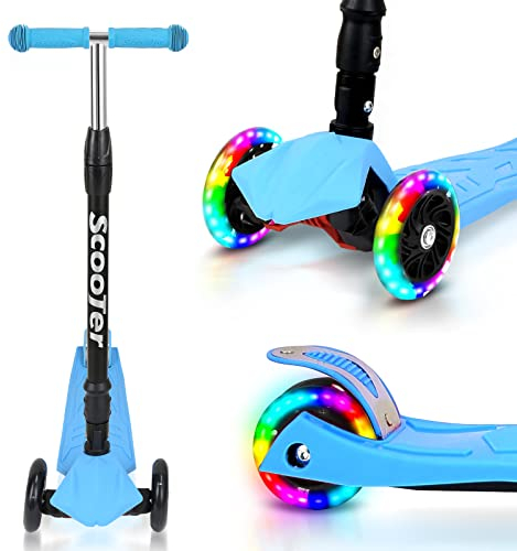 Tubiaz Kinderscooter, 3 Räder Faltbar Kinderroller mit PU LED Räder und 4 Höhenverstellbarer Tretroller, Schwerkraftlenkvorrichtung ,für Jungen & Mädchen von 3 bis 14 Jahren, bis 50kg, Blau