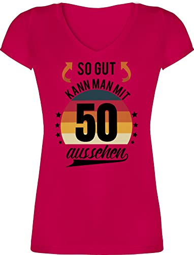 T-Shirt Damen V Ausschnitt - 50. Geburtstag - So gut kann Man mit 50 Aussehen - Retro Sonne - schwarz - M - Fuchsia - Drauf Geschenk zum 50.Geburtstag Tshirt 50-jährige Frau Geburtstagsgeschenk