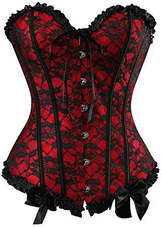 Jutrisujo Bustier corset elegant corsage push up flowers gothic blouse fancy dress vintage burlesque erotic sexy, red, XS