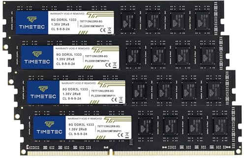 Timetec 32GB KIT(4x8GB) DDR3/DDR3L 1333 MHz PC3-10600 Non-ECC Ungepuffert 1,5V/1,35V CL9 2Rx8 Dual Rank 240 Pin UDIMM PC-Desktop-Computer-Speicher RAM-Modul-Upgrade