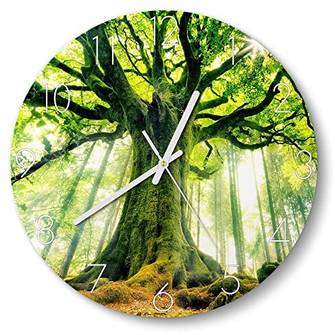 DEQORI Glasuhr | rund Ø 30 cm | Motiv Eindrucksvoller Baum | ausgefallene leise Design Uhr aus Glas | Wanduhr für Wohnzimmer & Küche | moderne Hingucker Uhr für die Wand