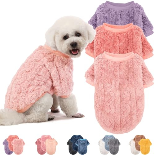 JAMPAYANG Dog Sweater, 3 Pack Dog Sweaters for Small Dogs or Cats, Girl or Boy, Warm Dog Clothes Shirt Coat for Winter Christmas (Pink, Purple, Rose Red, Small)