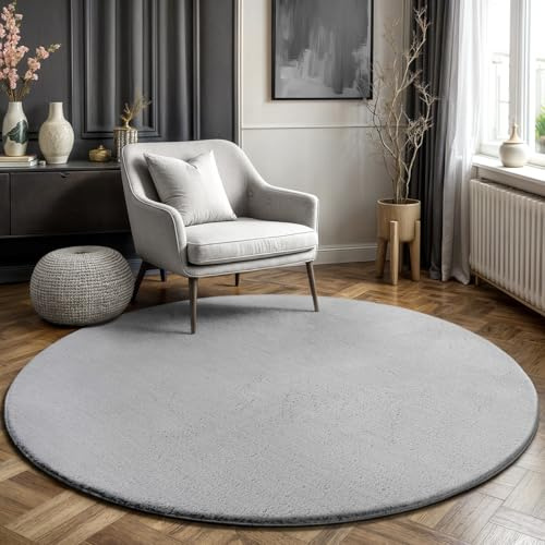 Mia´s Teppiche Taos – kuscheliger Kurzflor Teppich in Felloptik, super Soft & waschbar bis 30°C, mit Anti-Rutsch-Unterseite, Wohnzimmer & Schlafzimmer, Made in Türkiye, Grau, 120 x 120 cm Rund
