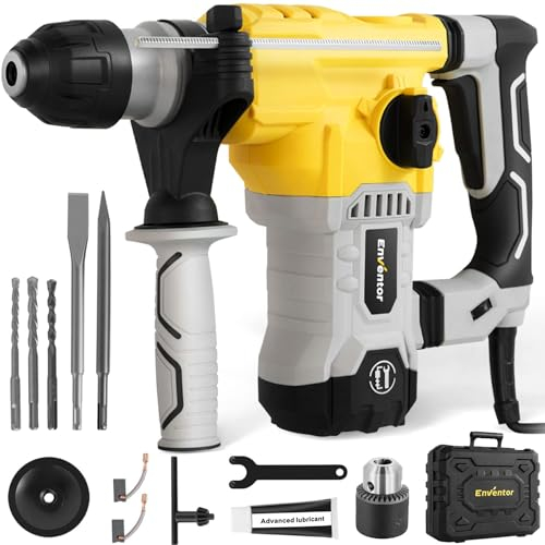 ENVENTOR SDS-Plus Bohrhammer, 1500W Schlagbohrmaschine, 6Joule Abbruchhammer mit Anti-Vibrationsgriff, Max 4500 BPM, 4 Funciones Kombihammer, Max Bohrleistung in Beton(32mm), Metall(13mm), Holz(40mm)