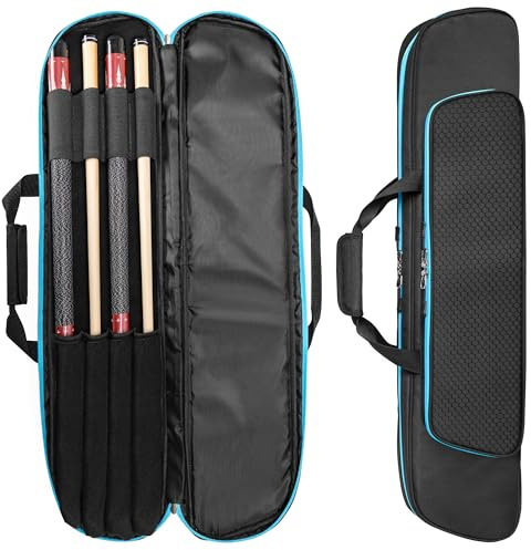 GOBUROS 2x2 Pool Cue Case Holds 2 Butts and 2 Shafts, Soft Pool Stick Holder Case with Front Accessories Pocket, Billiard Cue Carrying Cases with Shoulder Strap for Easy Carry, Black and Blue