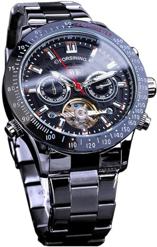 FORSINING Herren Tourbillon Mechanische Uhr mit Selbstaufzug, Tag Datum Monat Vollkalender, leuchtender Tachymeter, multifunktionale Automatikuhren, geschnitztes großes Zifferblatt Edelstahlband