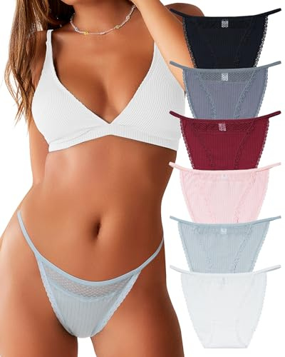 LEVAO Cotton Underwear for Women Sexy String Bikini Lace Cut Out Panties Stretch Ladies Cheeky Briefs 6 Pack S-XL