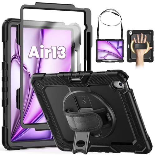 SEYMCY for iPad Air 13 Inch Case 2026/2025/2024 (M4/M3/M2) | Full-body Shockproof with Screen Protector, 360° Rotating Stand & Hand Strap, Shoulder Strap, Pencil Holder, Black