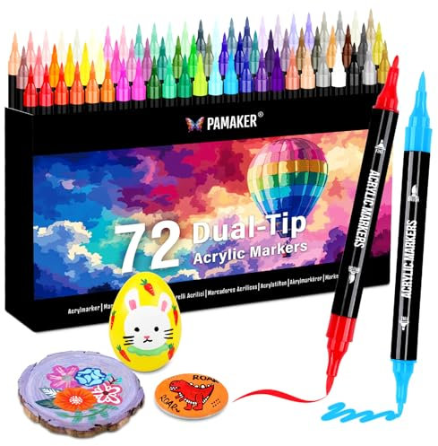 Pamaker 72 Farben Acrylstifte Set – Acrylmarker mit feiner Spitze und Pinsel für Stoff, Leinwand, Glas, Holz und Papier – Ideal für Kinder und Erwachsene, zum Zeichnen und DIY-Bastelprojekte