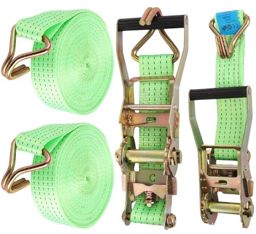 FWEEK 2 Sets Ratchet Tie Down Straps 5cm x 10m, 11000lb Break Strength, Heavy Duty Lashing Strap, Securing Straps with Handle and Metal J Hook for Trucks, Cars, Motorcycles – Green