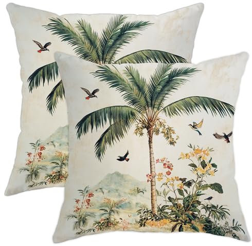 Juego de 2 fundas de almohada tropicales, hojas de palma verde y pájaros coloridos, cojines cuadrados decorativos de verano para el hogar, sofá, cama, sofá, 18 x 18 pulgadas