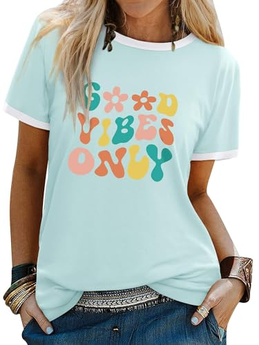 Dresswel damer Good Vibes t-shirt regnbåge tryck t-shirts rund hals kortärmade toppar tee toppar blus, 4-himmelsblå, S